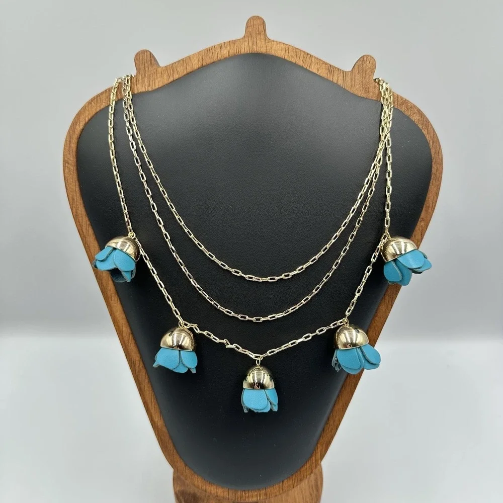 BaubleBar Triple Layer Gold Tone Turquoise Leather Tulip Flower Charm Necklace N